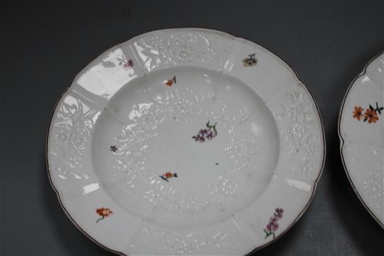 A pair of Chelsea Gotzkowsky type flower moulded dinner plates, c.1755, spur marks only, 24.5cm